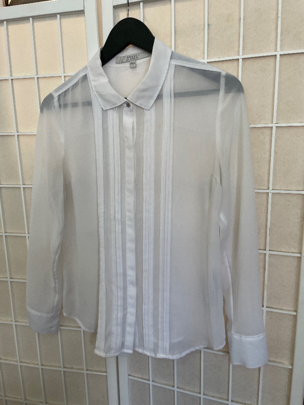 Guess Sheer Mesh Long Sleeve Button Down Shirts White